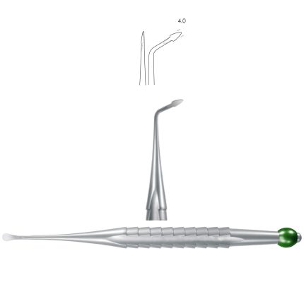 Syndesmotome, curved left, 4.0 mm, for lingual / buccal luxation, yellow metallic curved