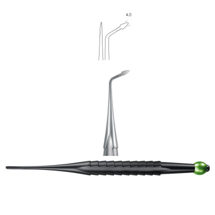 Syndesmotome, curved left, 4.0 mm, for lingual / buccal luxation, yellow metallic curved