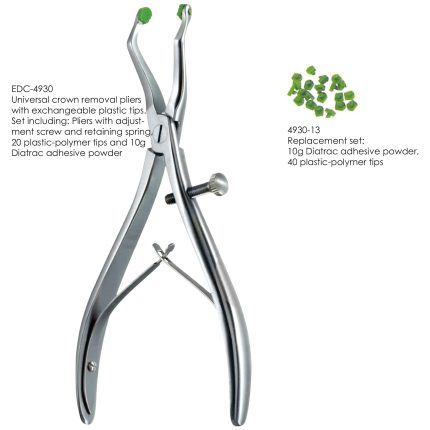 Universal crown removal pliers with exchangeable plastic tips.